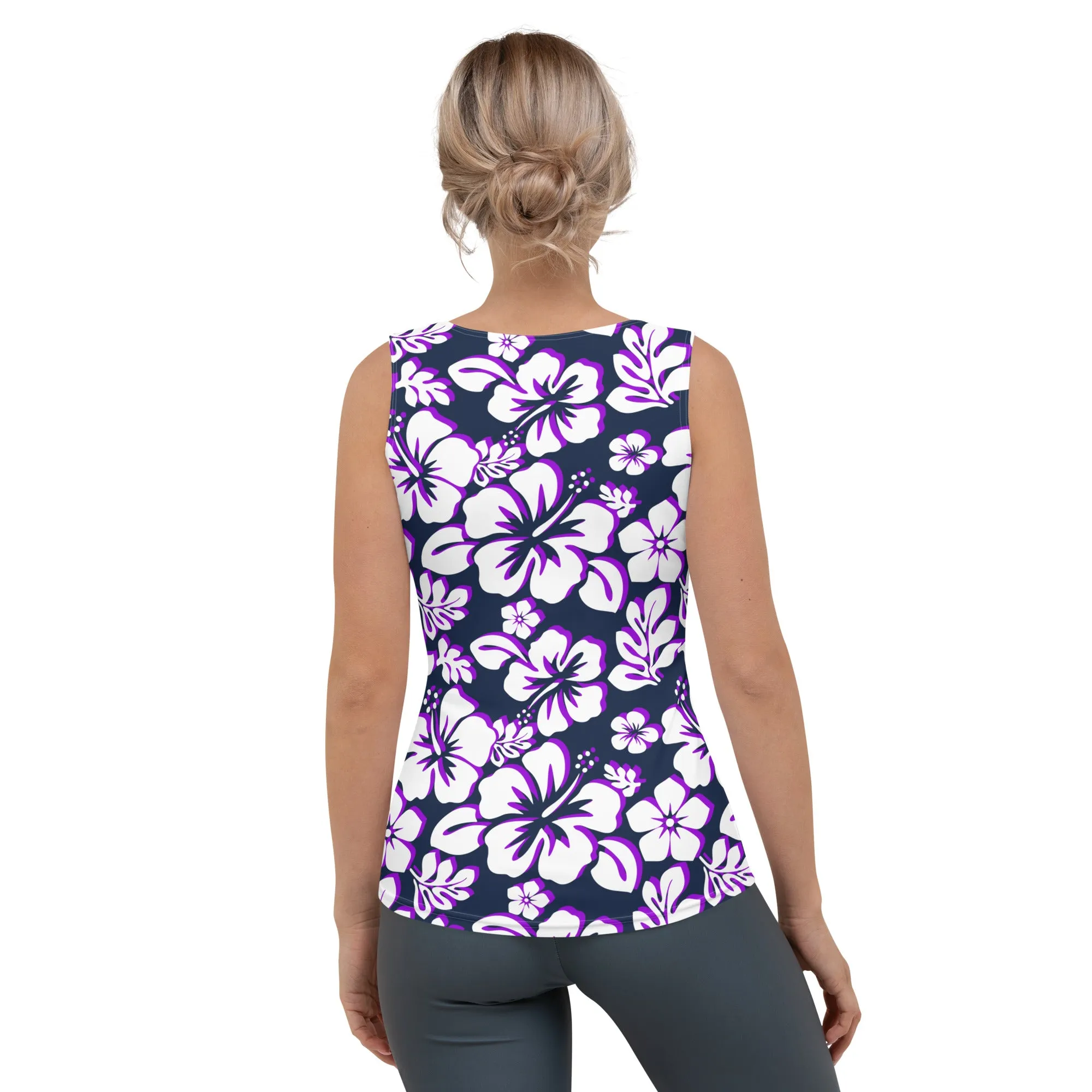 Navy Blue, Purple and White Hawaiian Flowers Women's Athletic Swim Tank Top