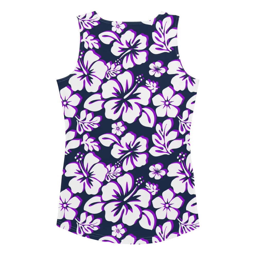 Navy Blue, Purple and White Hawaiian Flowers Women's Athletic Swim Tank Top