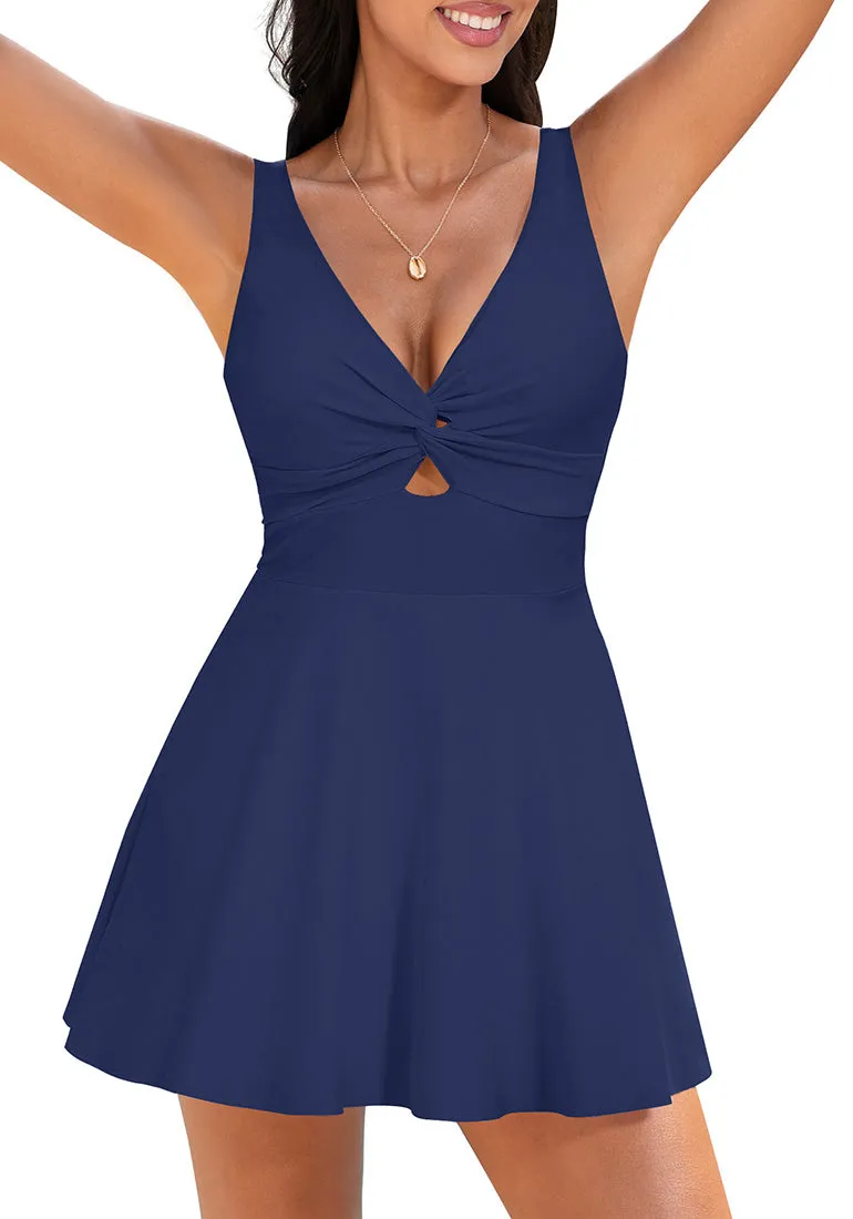 Navy Blue Swimsuit V-neckline Low Cut Strappy Women Beach Monikini  Mega Stretch