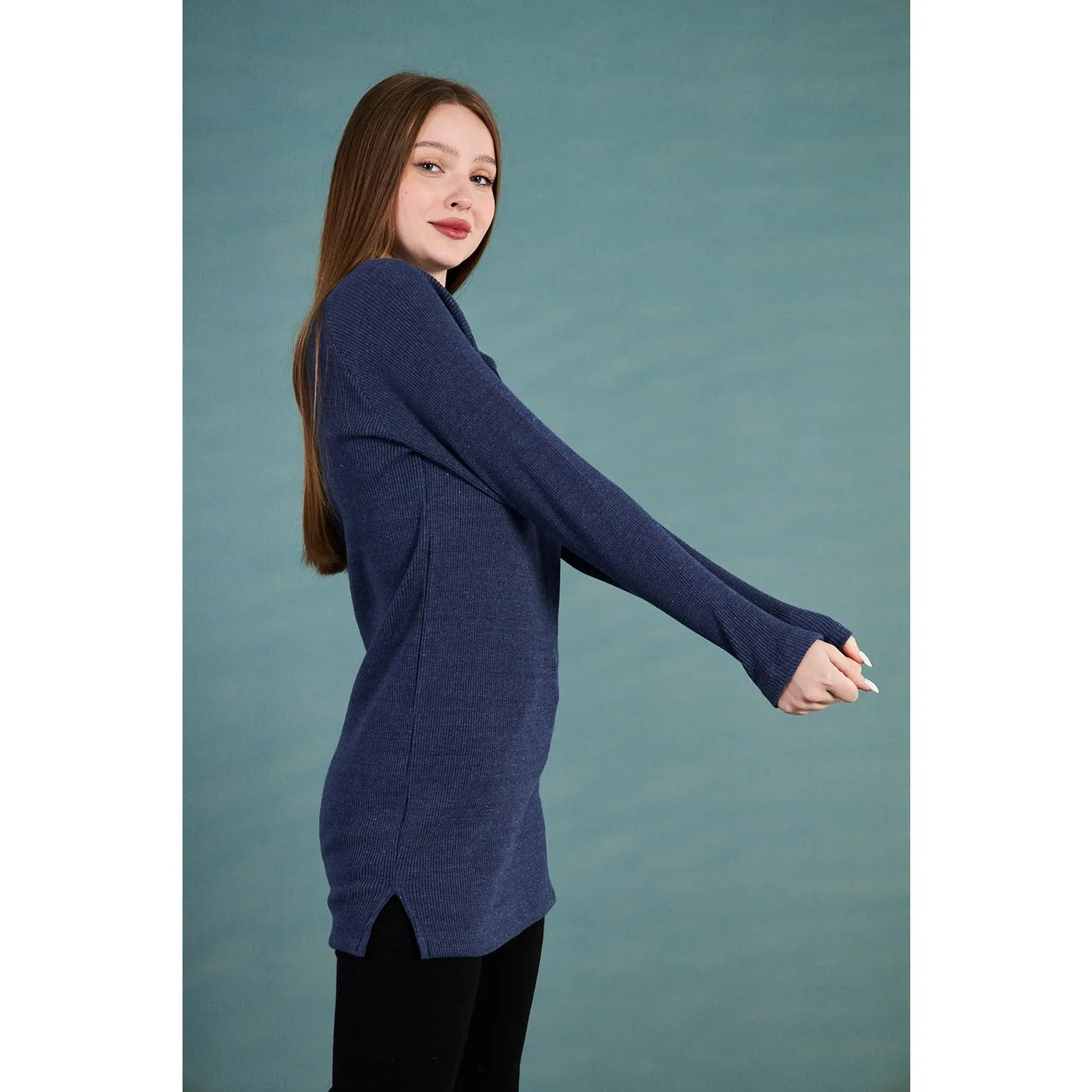 Navy Ribbed Long Sweatshirt