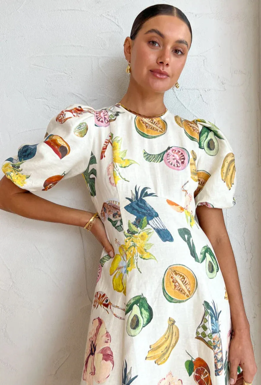 New Printing Fashion Bubble Sleeve Versatile Slim Swing Dress