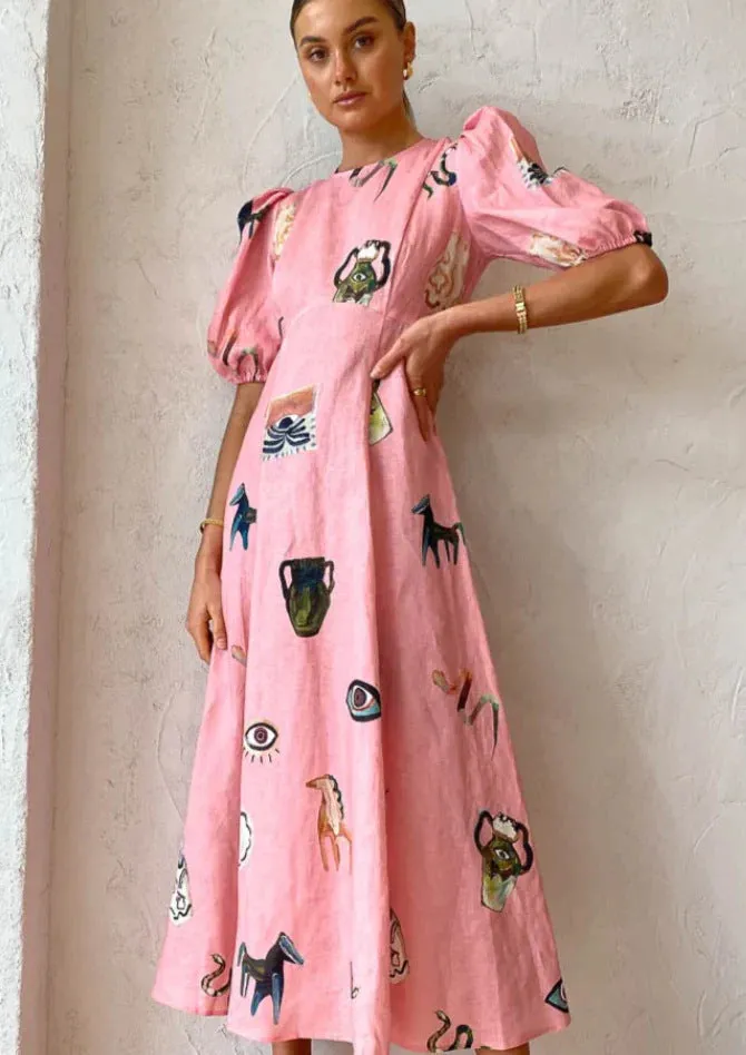 New Printing Fashion Bubble Sleeve Versatile Slim Swing Dress