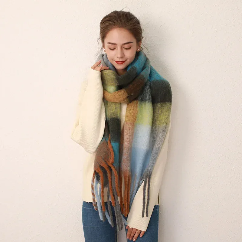 New Winter Warm Plaid Tassel Rainbow Faux Cashmere Long Muffler Scarf