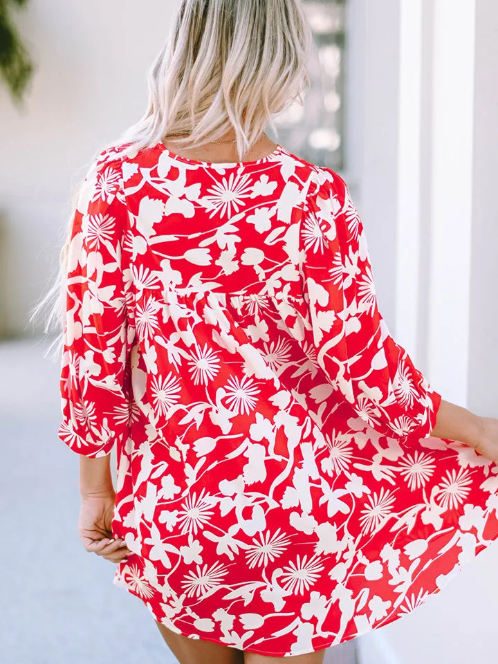 Nsquared Floral Print Notched Neck Mini Dress