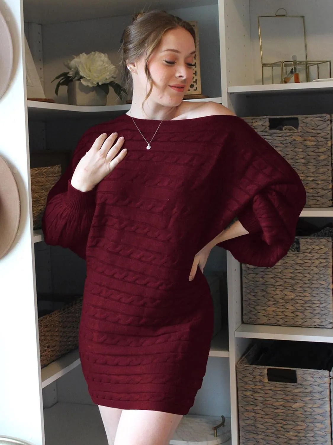 Off Shoulder Short Sweater Dress Oversized Cable Knit, Casual Mini Dress