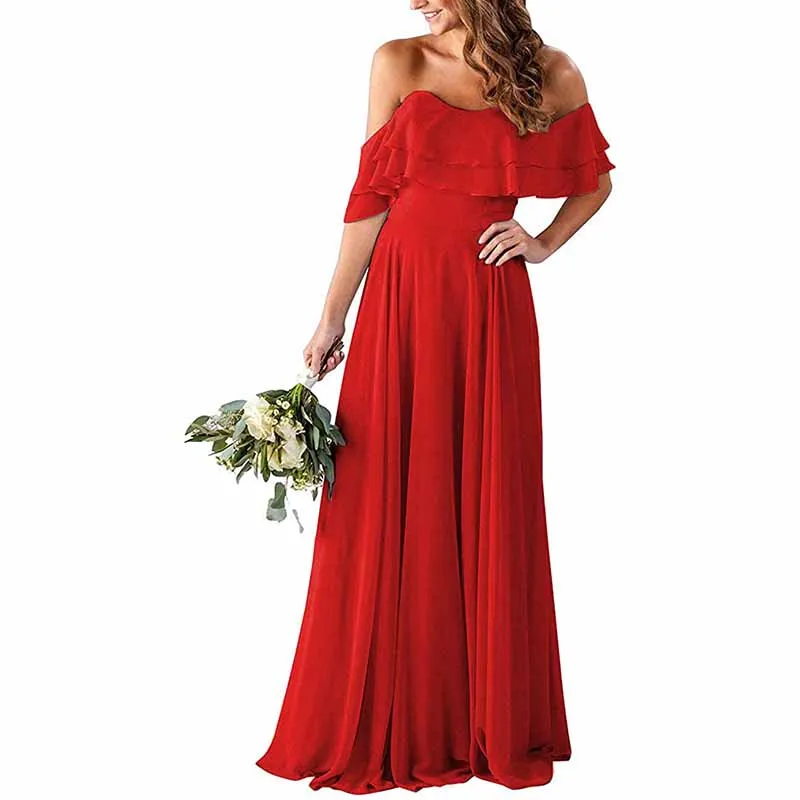 Off Shoulder With Pockets Bridesmaid Dresses Chiffon Long Formal Dresses for Women