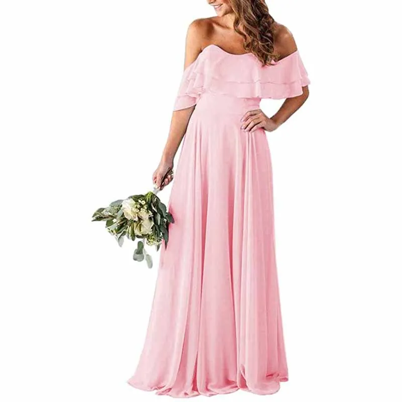 Off Shoulder With Pockets Bridesmaid Dresses Chiffon Long Formal Dresses for Women