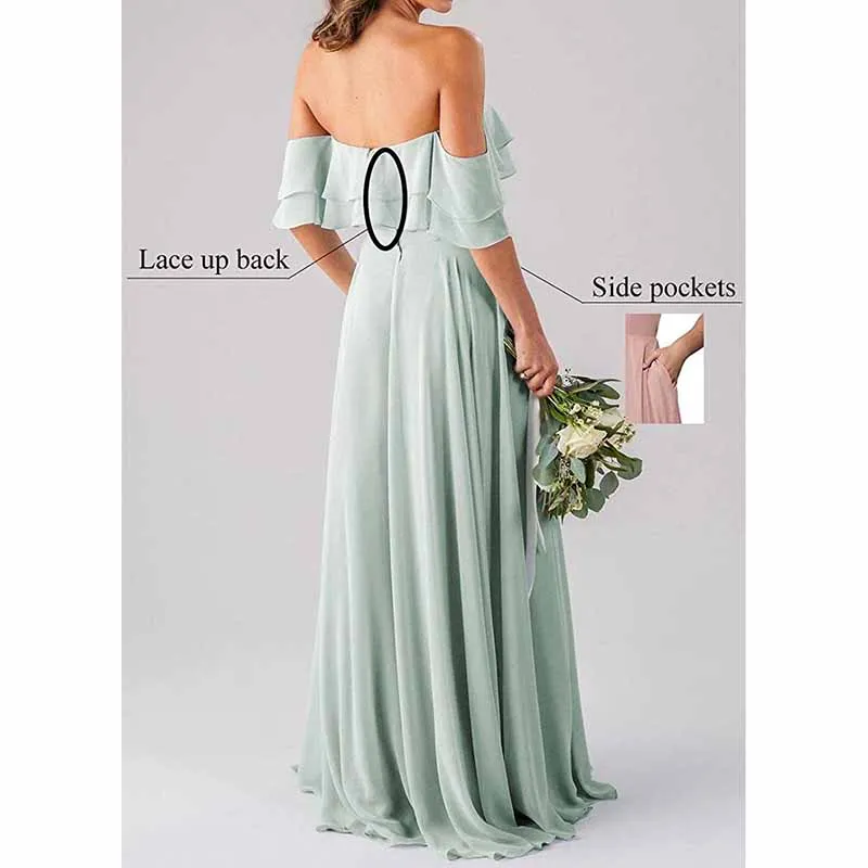 Off Shoulder With Pockets Bridesmaid Dresses Chiffon Long Formal Dresses for Women