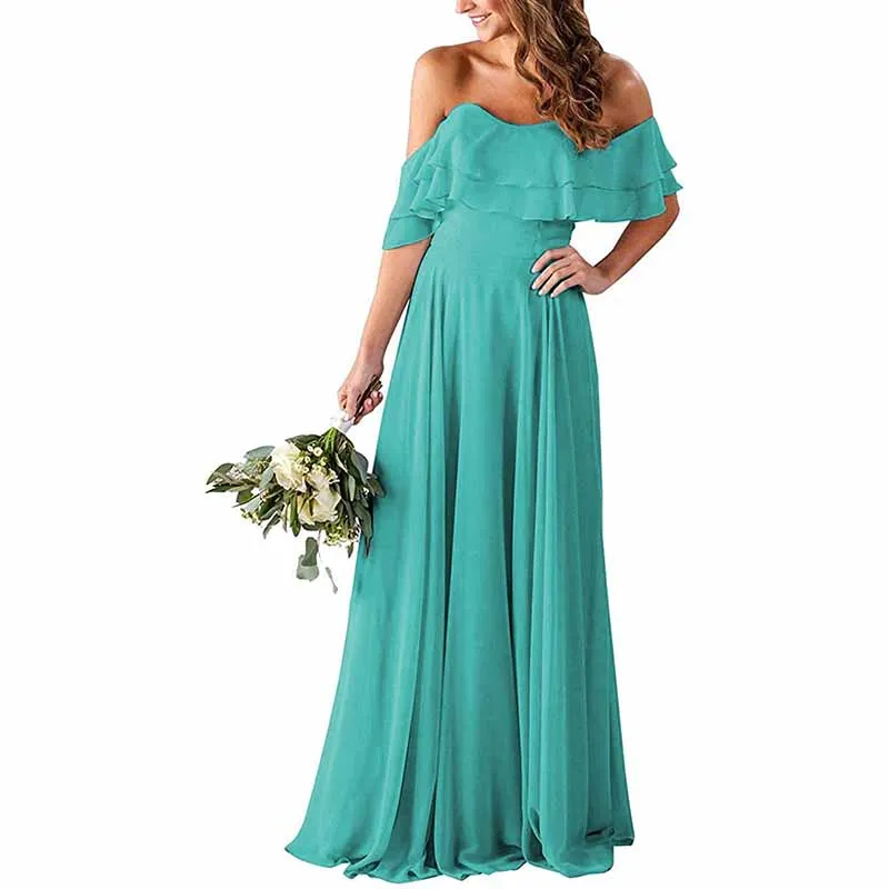 Off Shoulder With Pockets Bridesmaid Dresses Chiffon Long Formal Dresses for Women