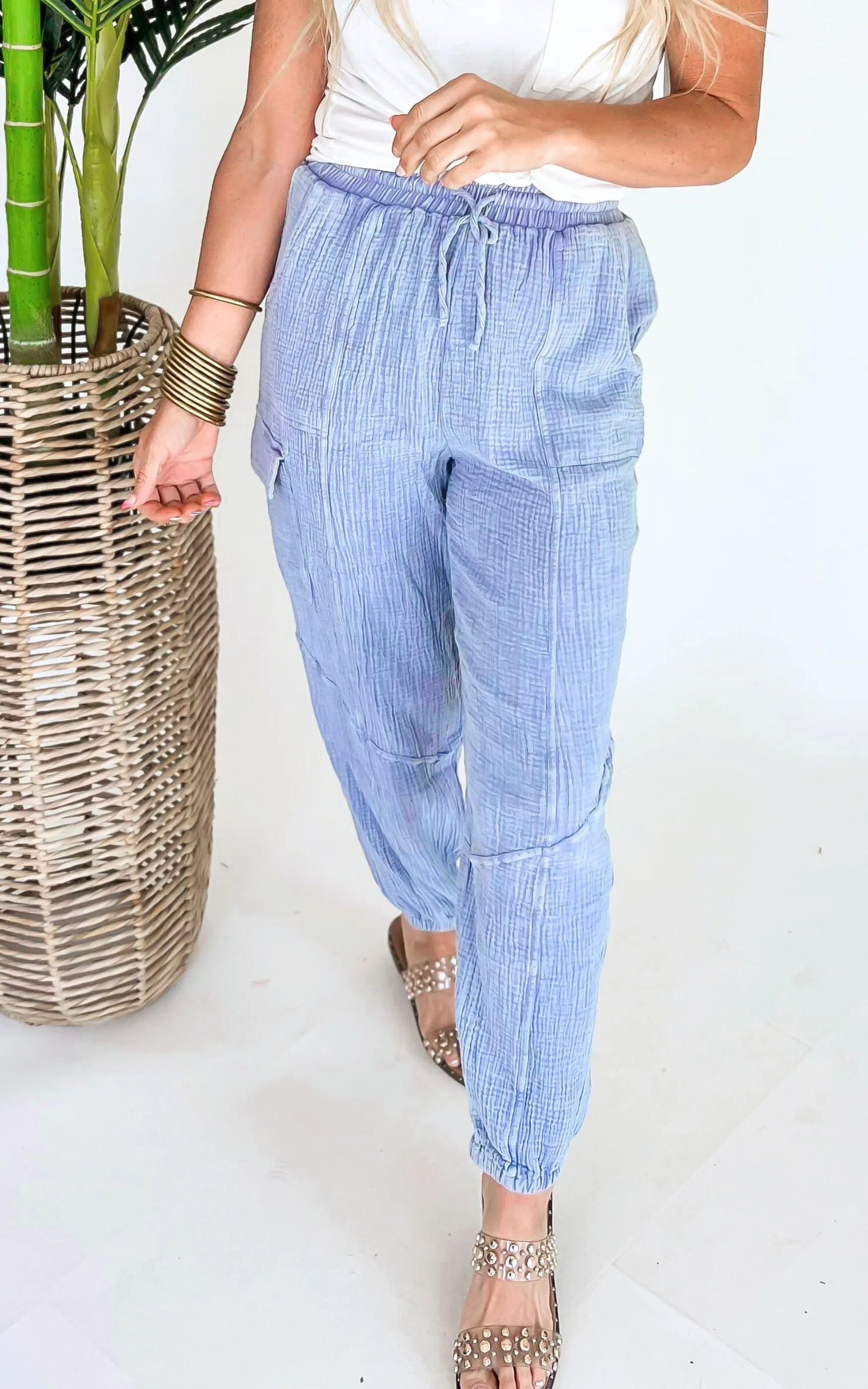 One Day Washed Woven Crinkle Gauze Cargo Pants - Final Sale