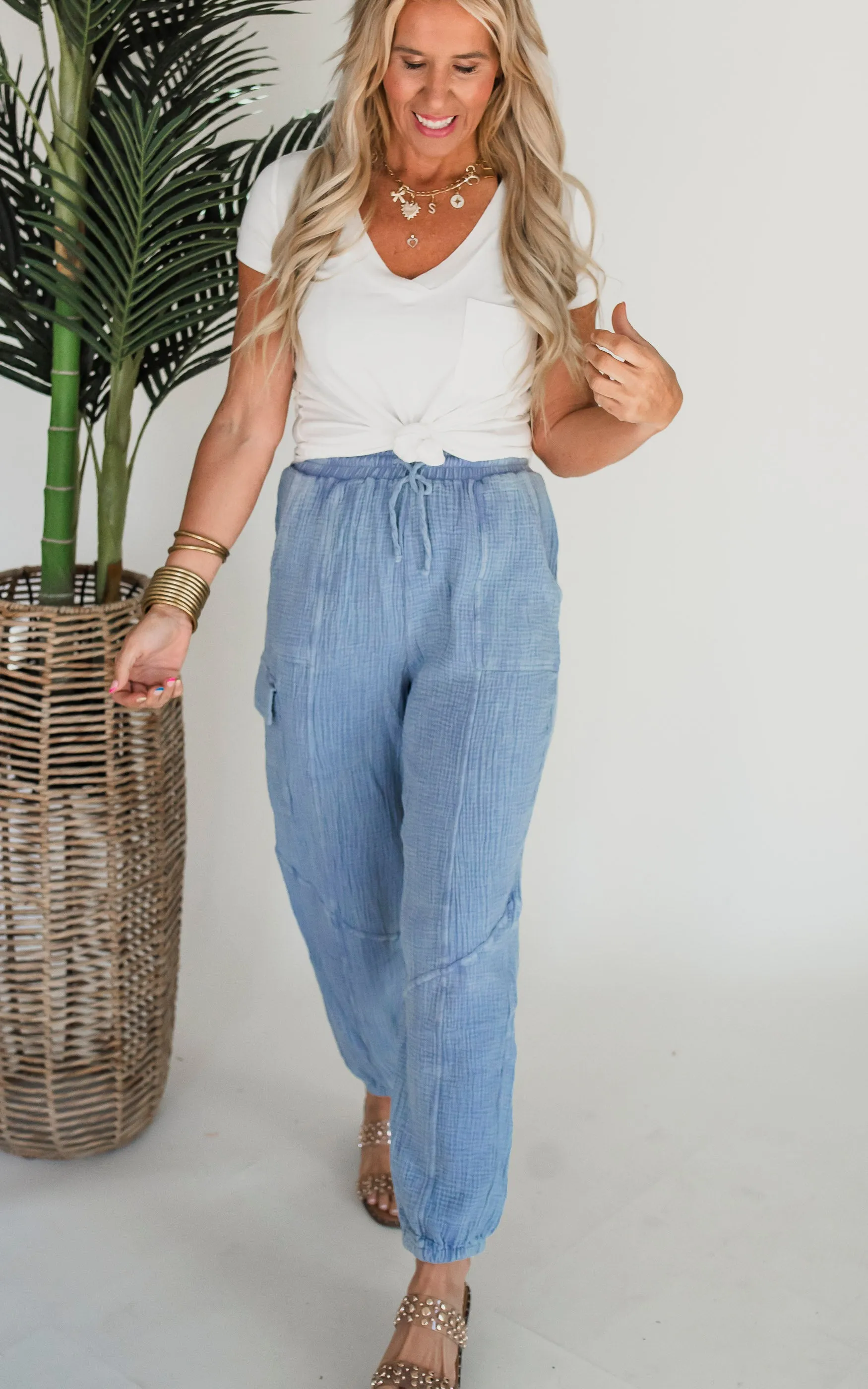 One Day Washed Woven Crinkle Gauze Cargo Pants - Final Sale