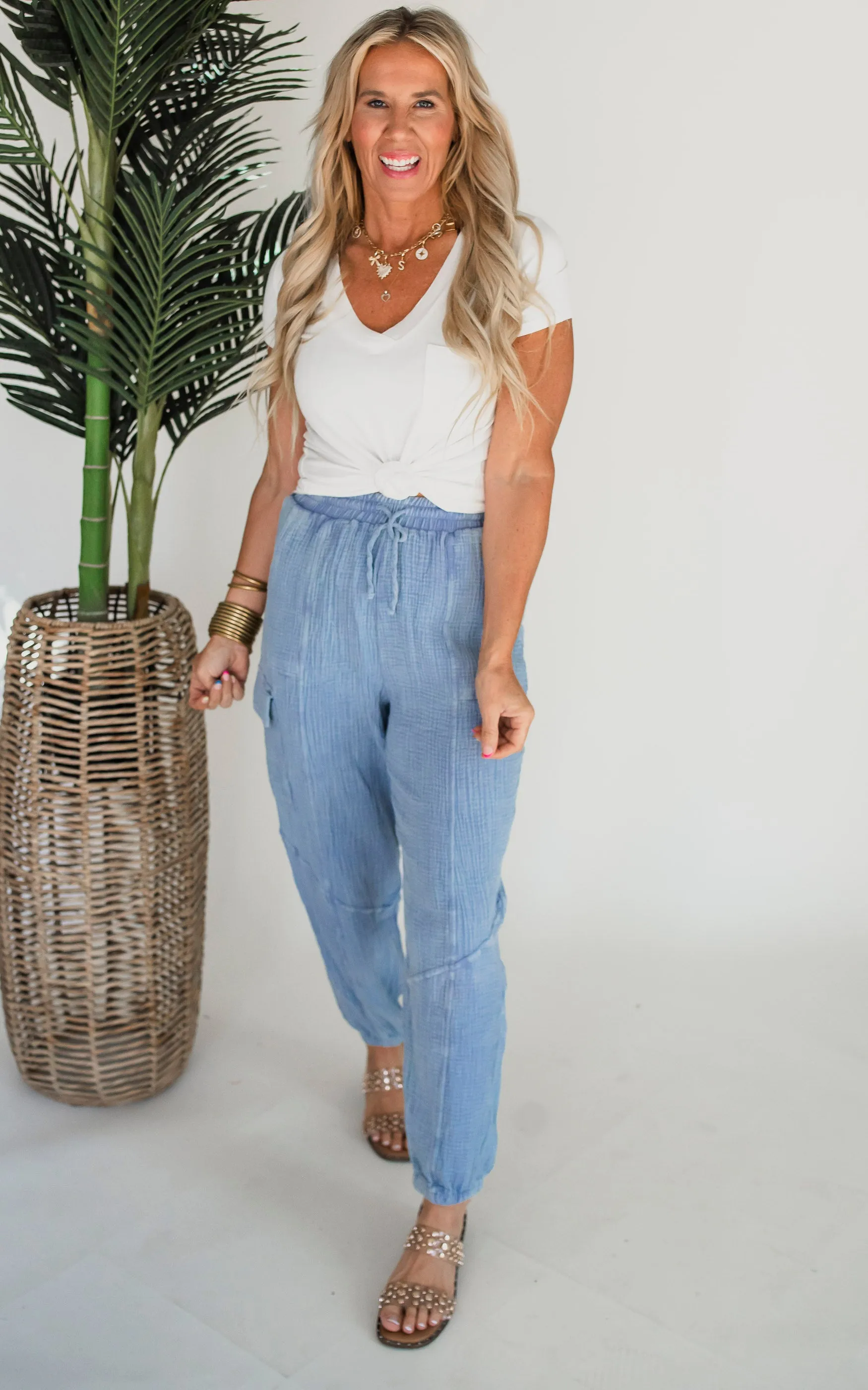 One Day Washed Woven Crinkle Gauze Cargo Pants - Final Sale