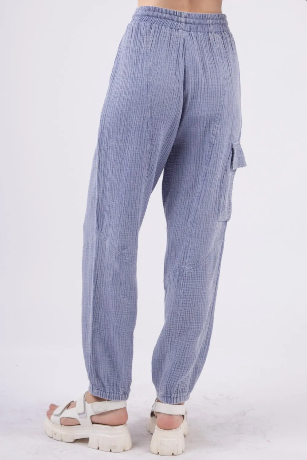 One Day Washed Woven Crinkle Gauze Cargo Pants - Final Sale