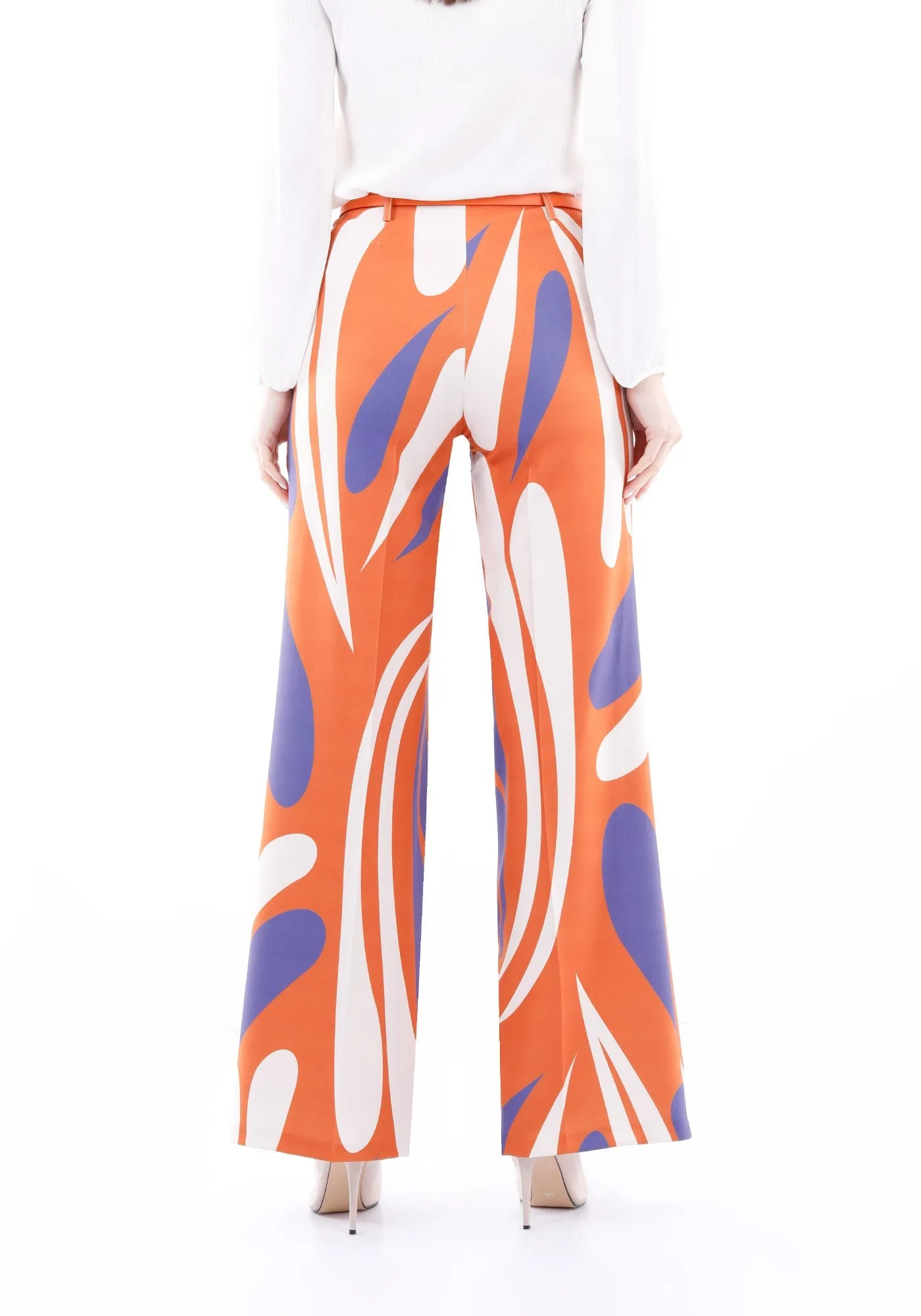 Orange Patterned Wide-Leg High-Waist Pants with Belt