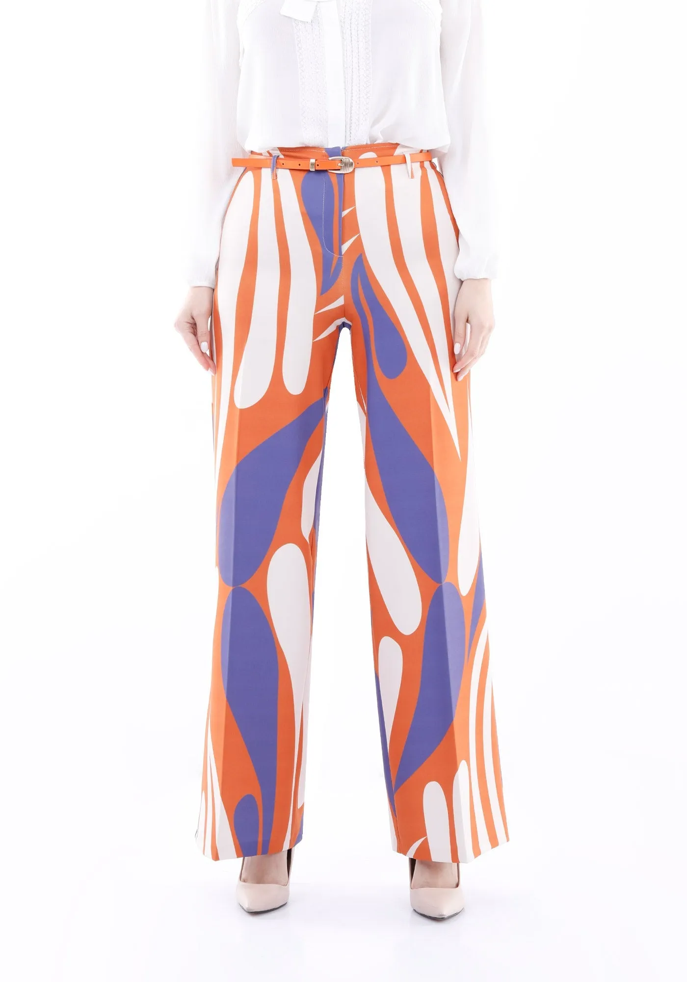 Orange Patterned Wide-Leg High-Waist Pants with Belt