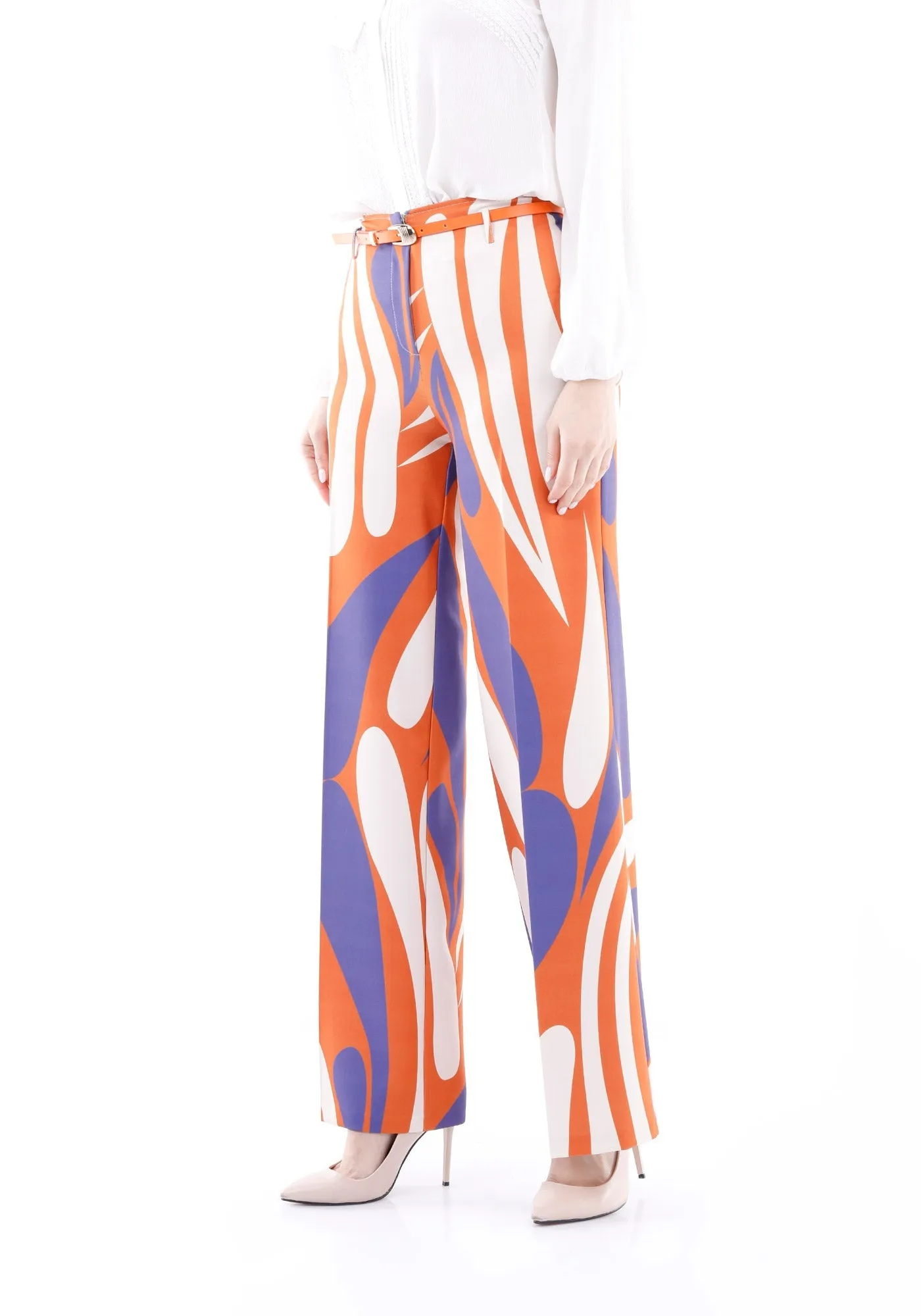 Orange Patterned Wide-Leg High-Waist Pants with Belt