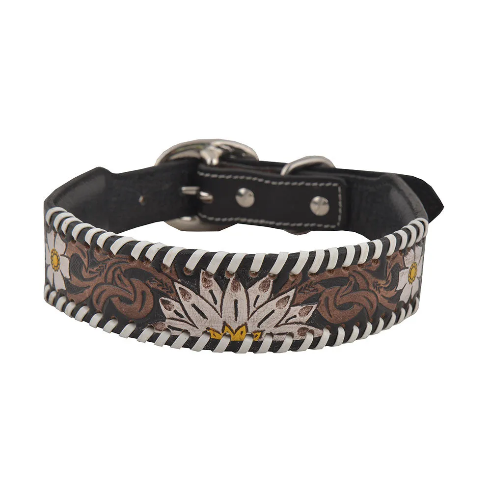 OXY DAISY HAND-TOOLED PADDED LEATHER DOG COLLAR