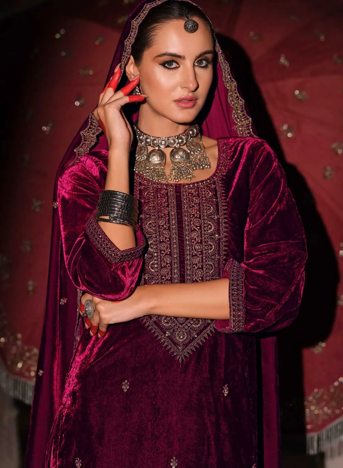 Party Wear Unstitched Winter Velvet Suit Dress Material with Heavy Embroidery