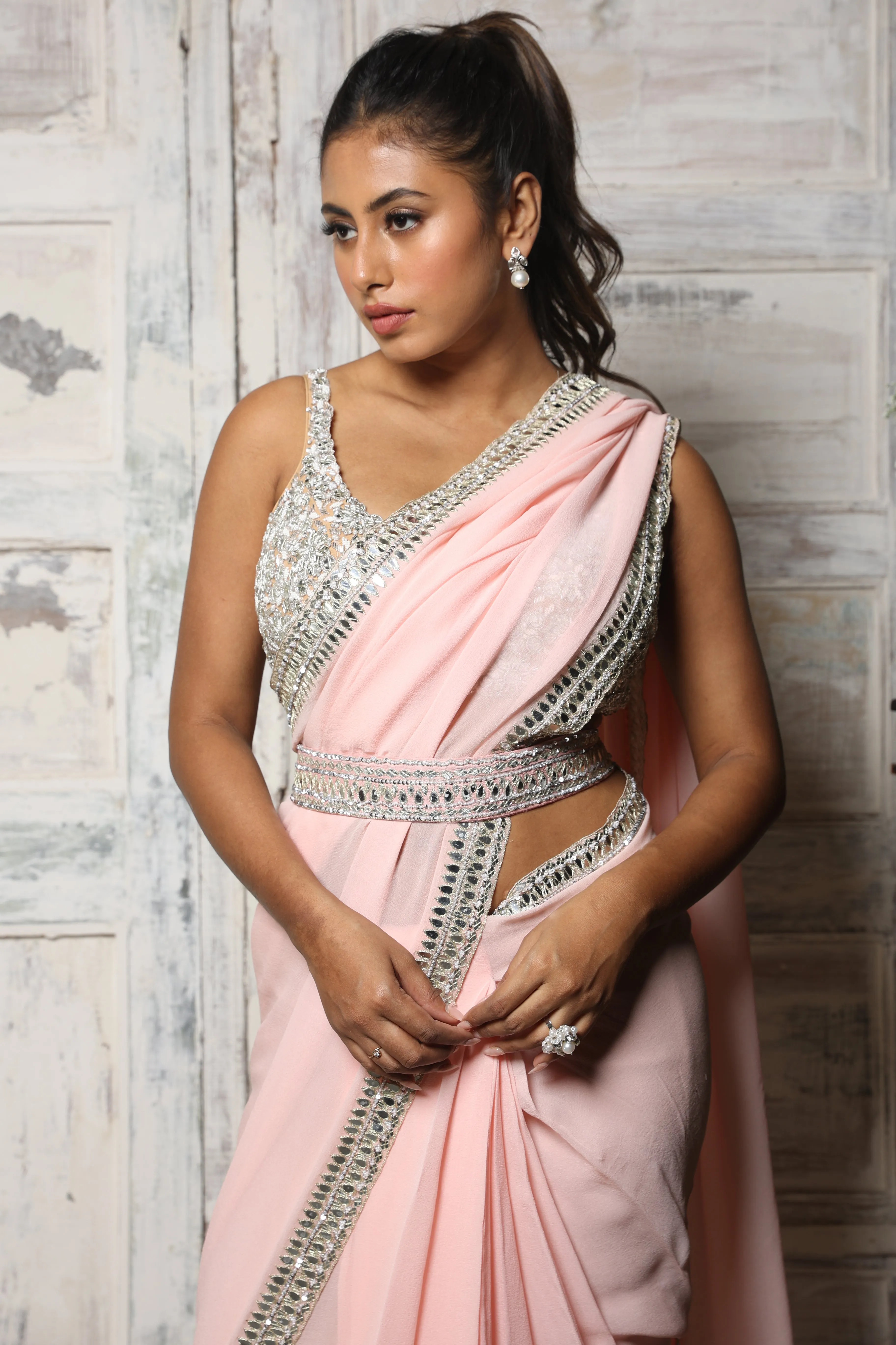 Pink Georgette Ruffle Saree