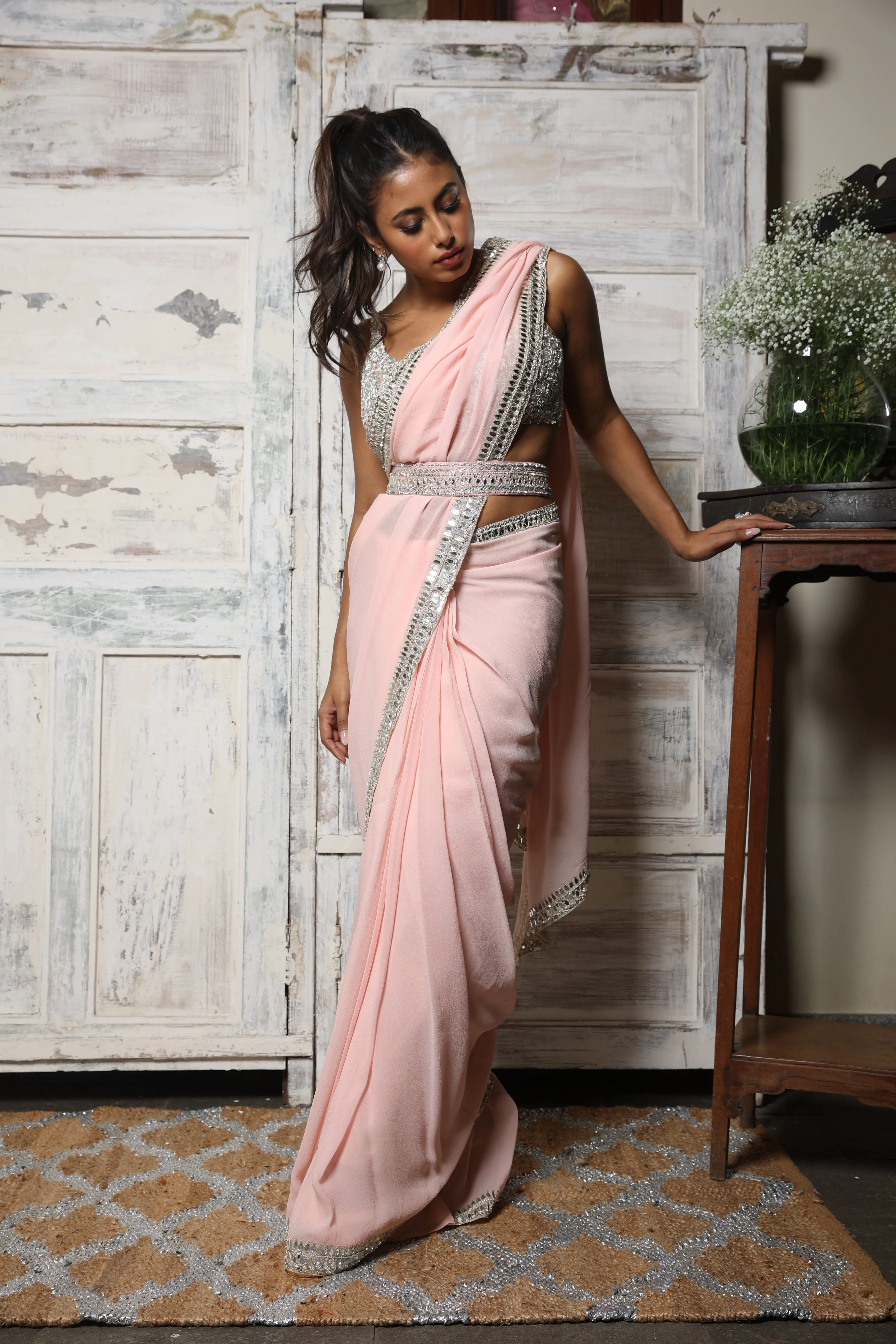 Pink Georgette Ruffle Saree