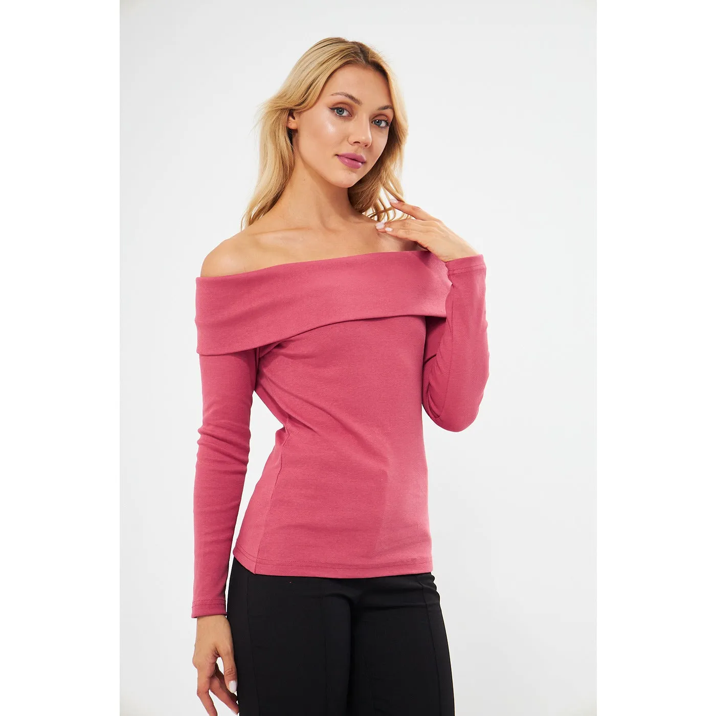 Pink Rib Off-Shoulder Top