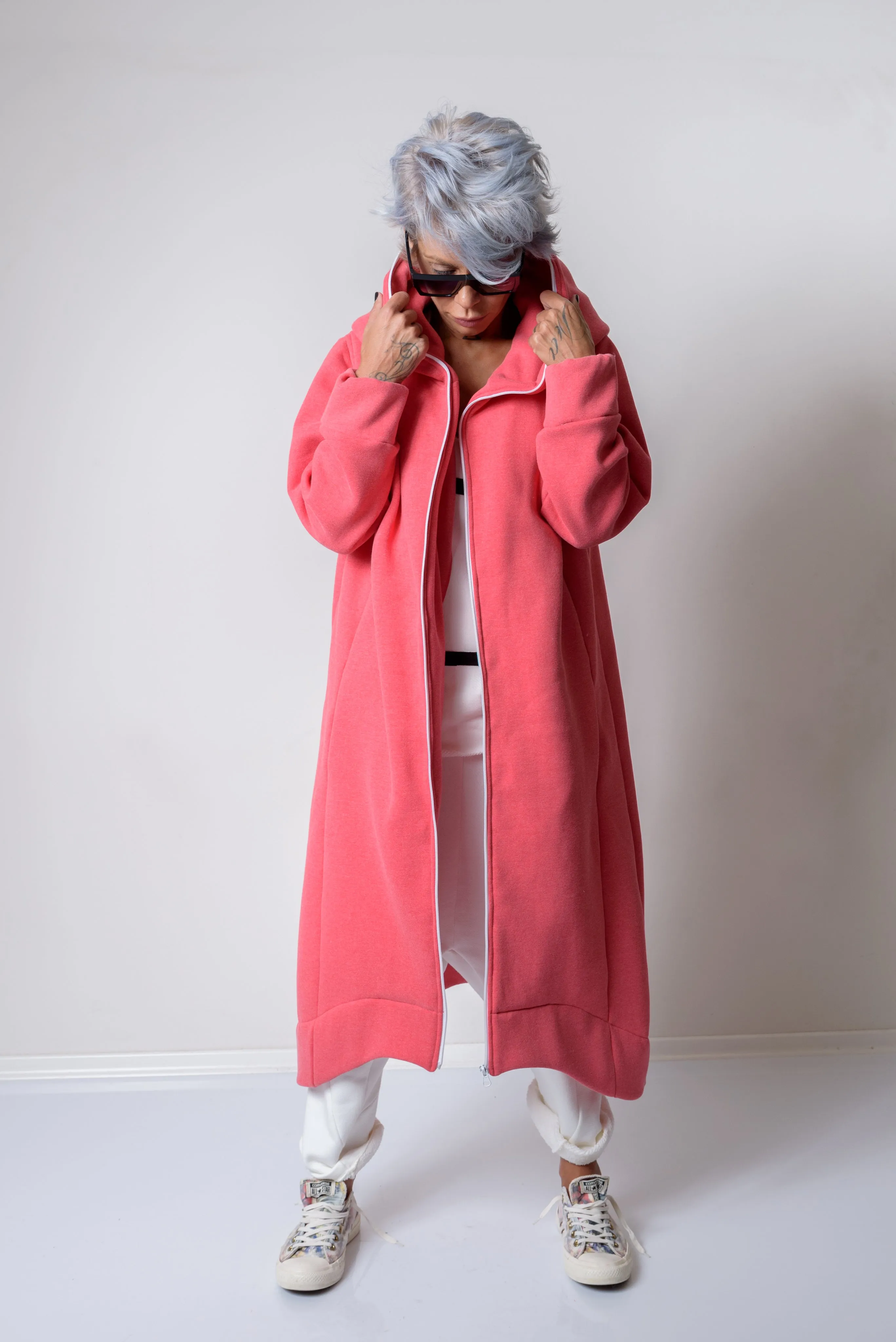 Pink Warm Quilted Oversized Casual Hoodie Sweatshirt