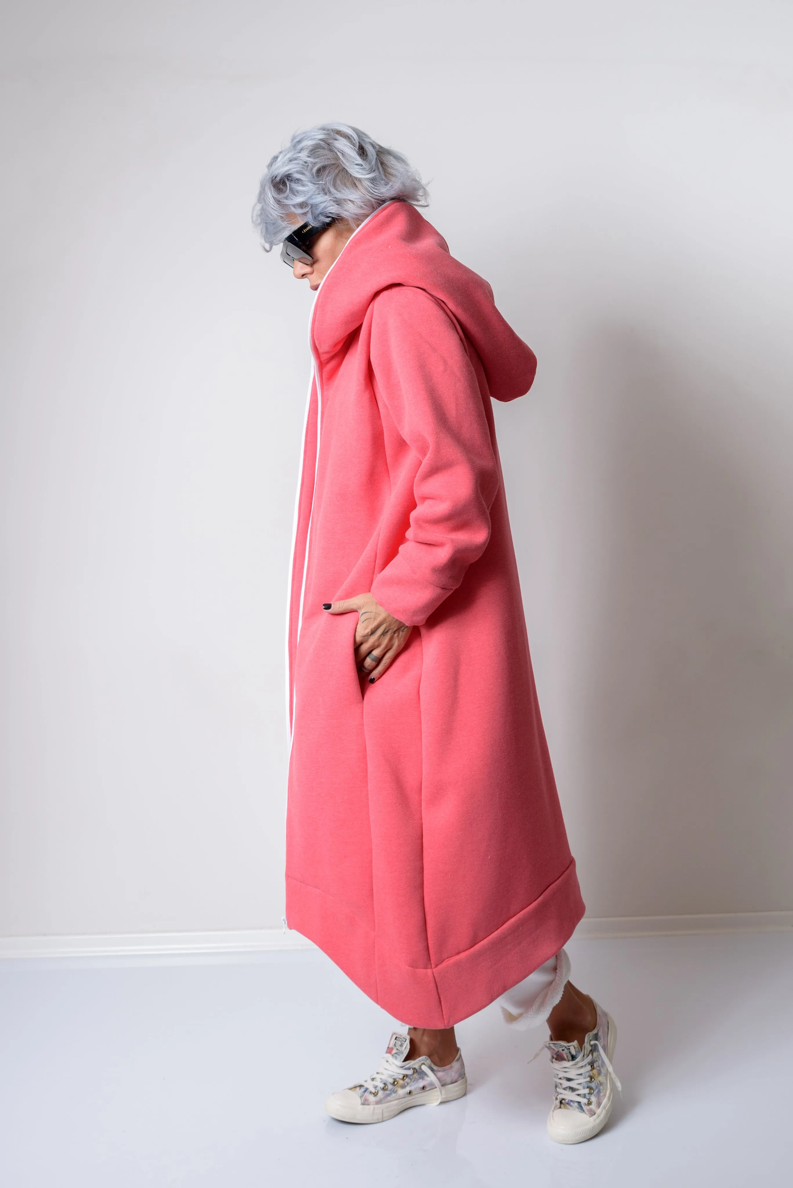 Pink Warm Quilted Oversized Casual Hoodie Sweatshirt