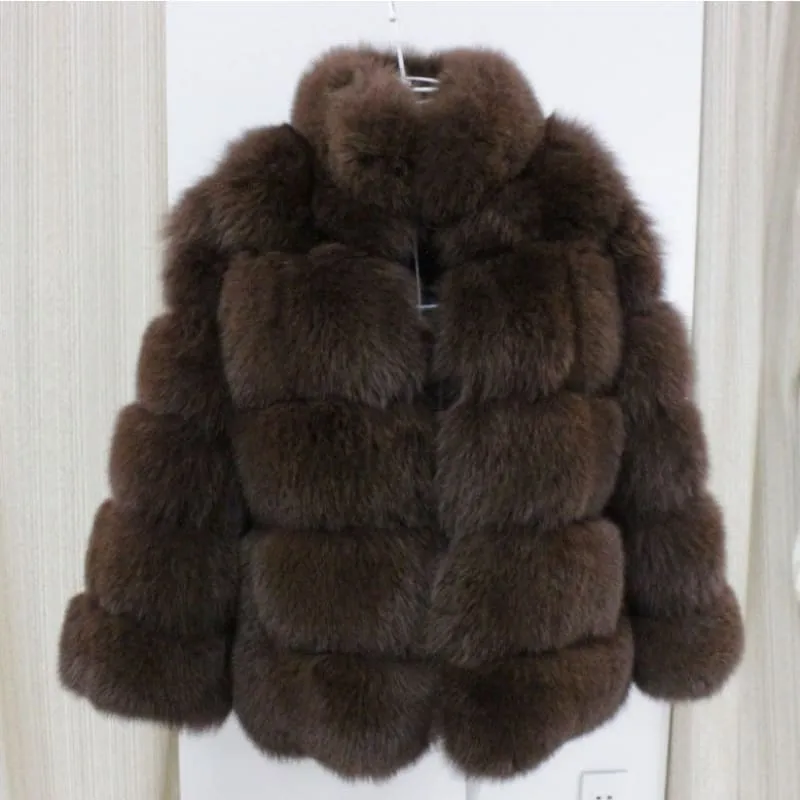 Plush Gray Faux Fox Fur Ladies Stand Collar Coat