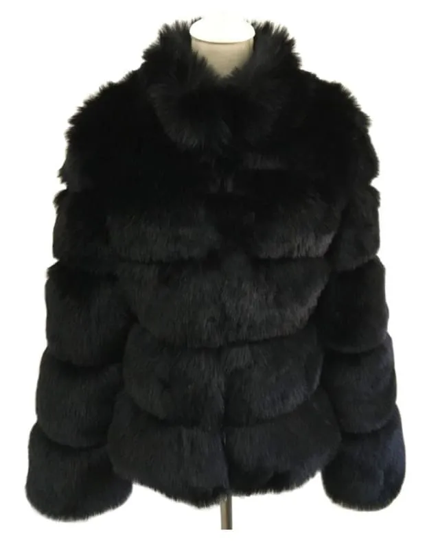 Plush Gray Faux Fox Fur Ladies Stand Collar Coat