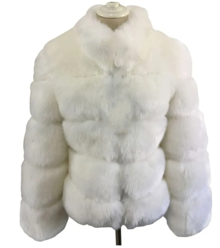 Plush Gray Faux Fox Fur Ladies Stand Collar Coat