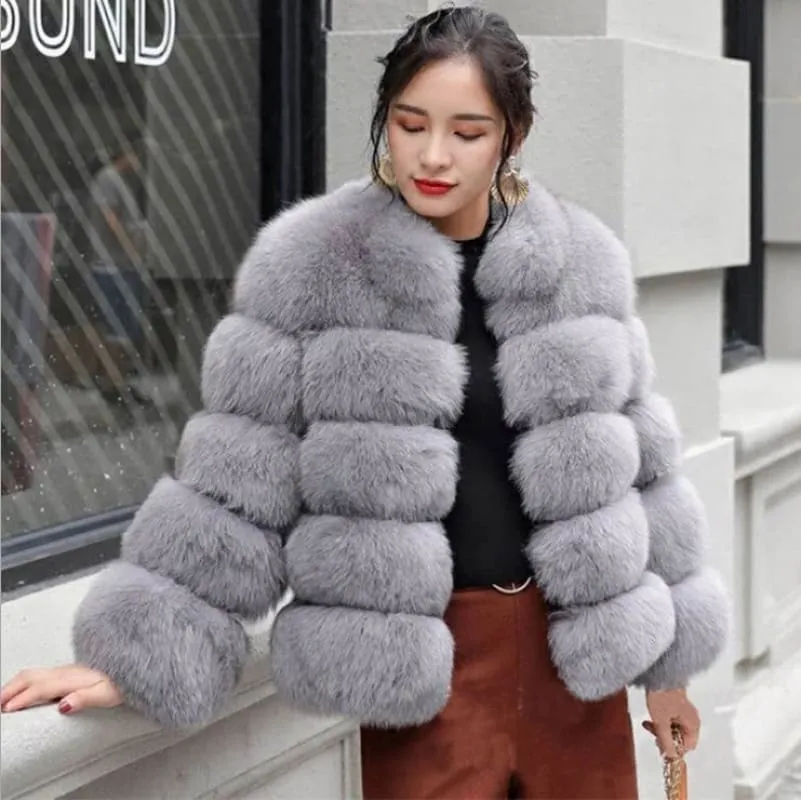 Plush Gray Faux Fox Fur Ladies Stand Collar Coat