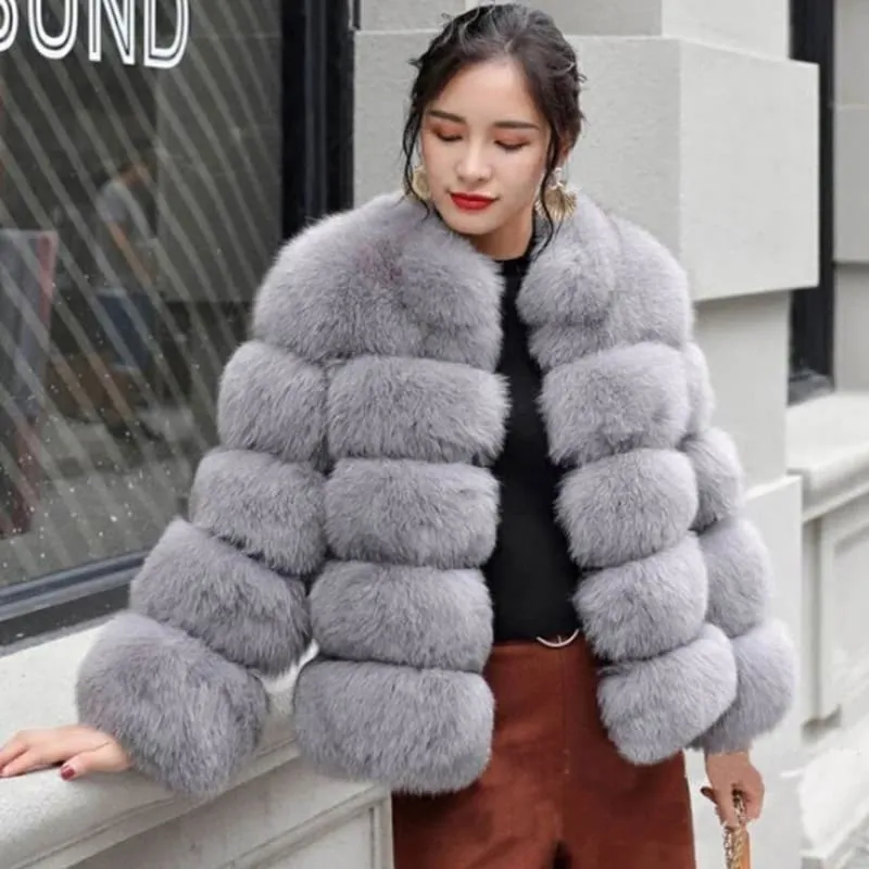 Plush Gray Faux Fox Fur Ladies Stand Collar Coat