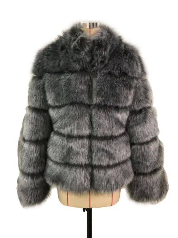 Plush Gray Faux Fox Fur Ladies Stand Collar Coat