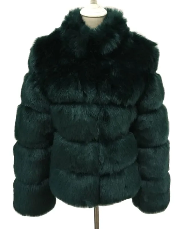 Plush Gray Faux Fox Fur Ladies Stand Collar Coat