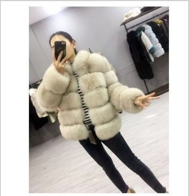 Plush Gray Faux Fox Fur Ladies Stand Collar Coat