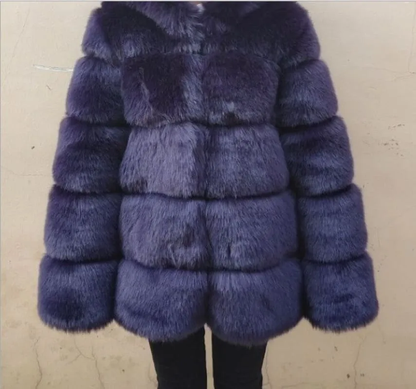 Plush Gray Faux Fox Fur Ladies Stand Collar Coat