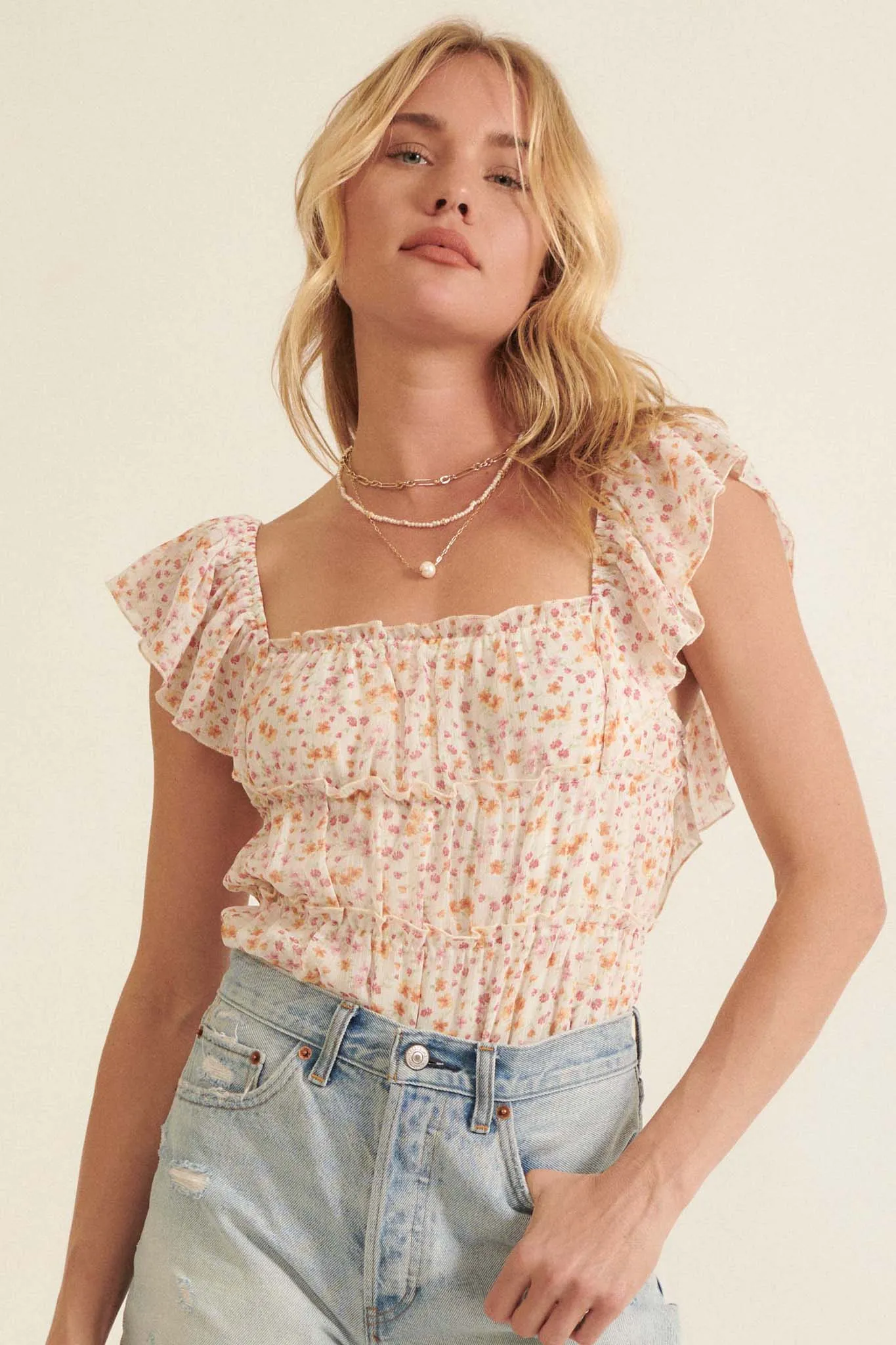 Precious Poetry Ruffled Floral Chiffon Bodysuit