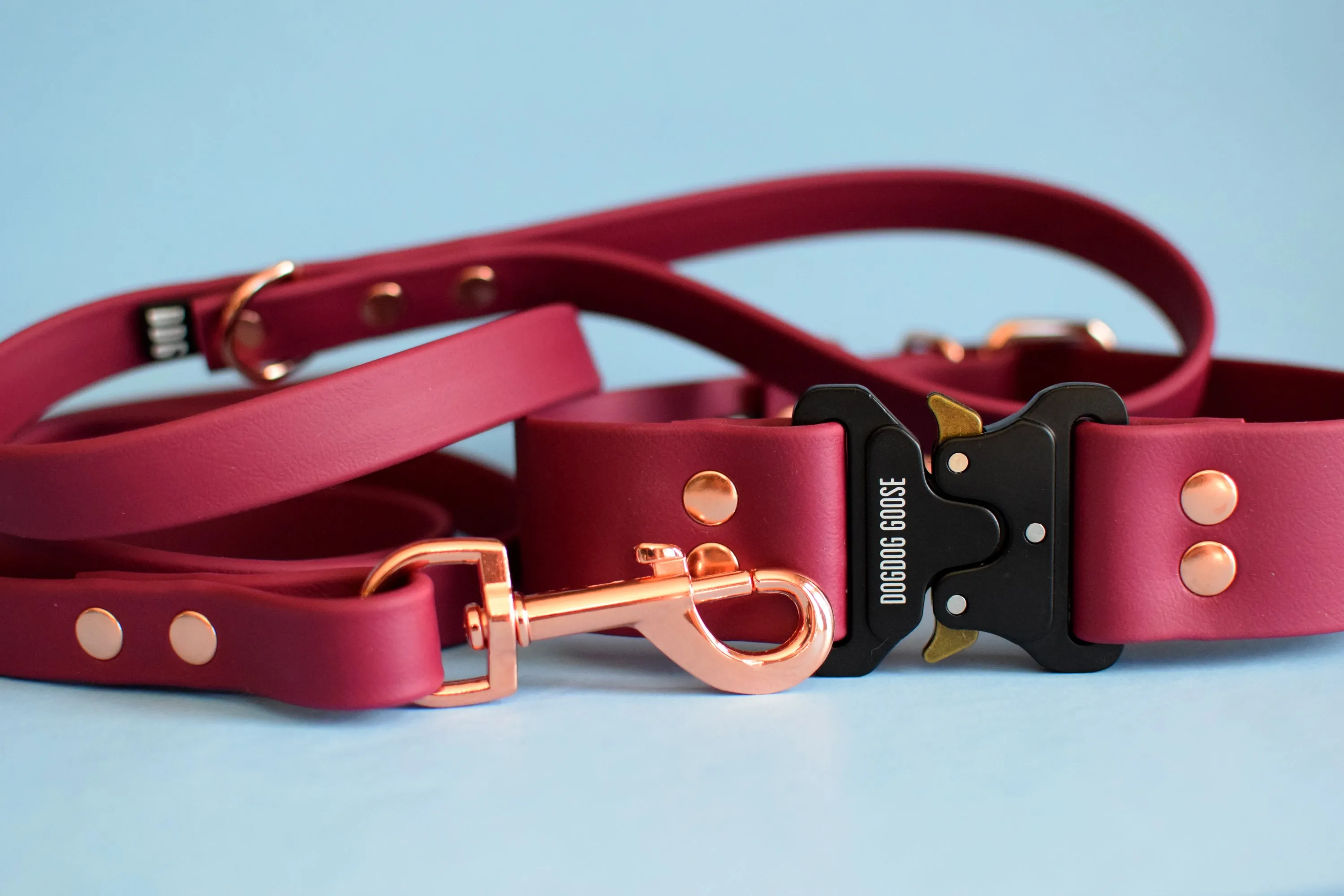 PREMADE COLLECTION - Burgundy Wine & Rose Gold Biothane Dog Collar