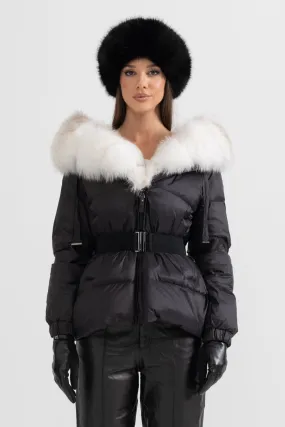 Puffer Jacket With Waistbelt And White Fox Fur-Lined Hood - Black