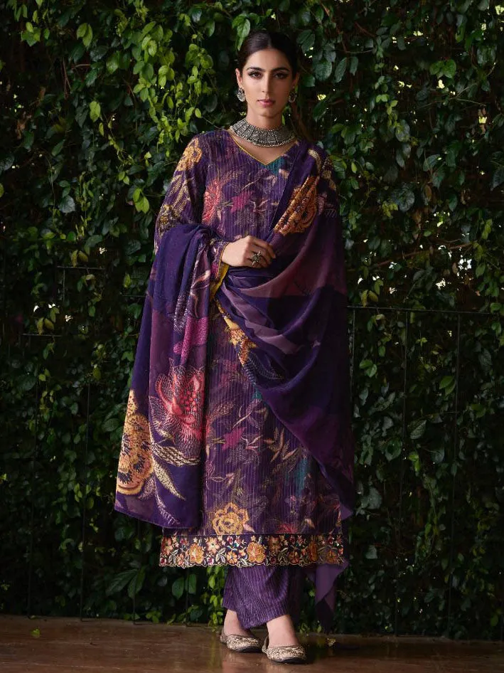 Purple Unstitched Cord Velvet Winter Suit Dress Material for Women