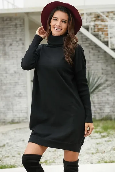 Ribbed Cowl Neck Lightweight Sweater Dress