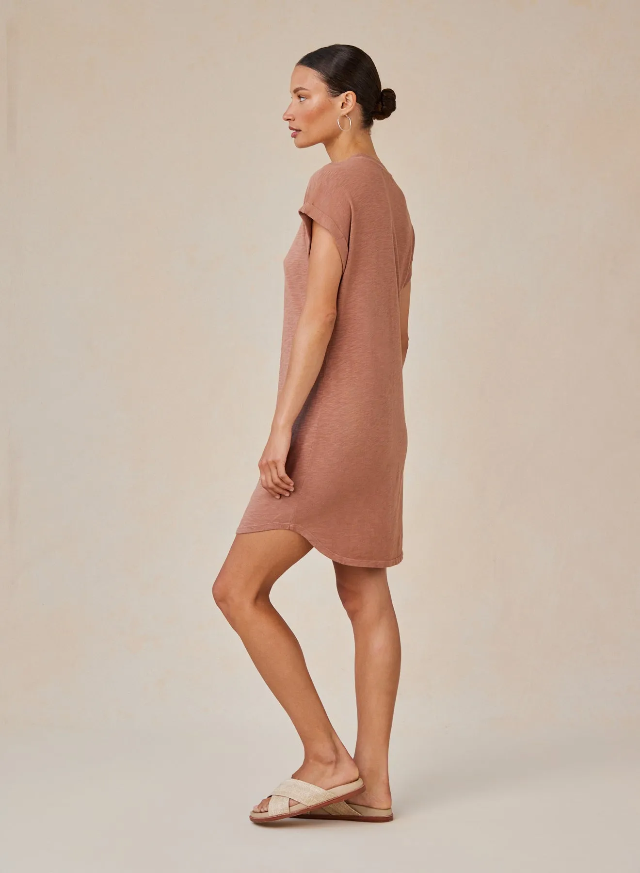 Roll Sleeve T-Shirt Dress - Terracotta Brown