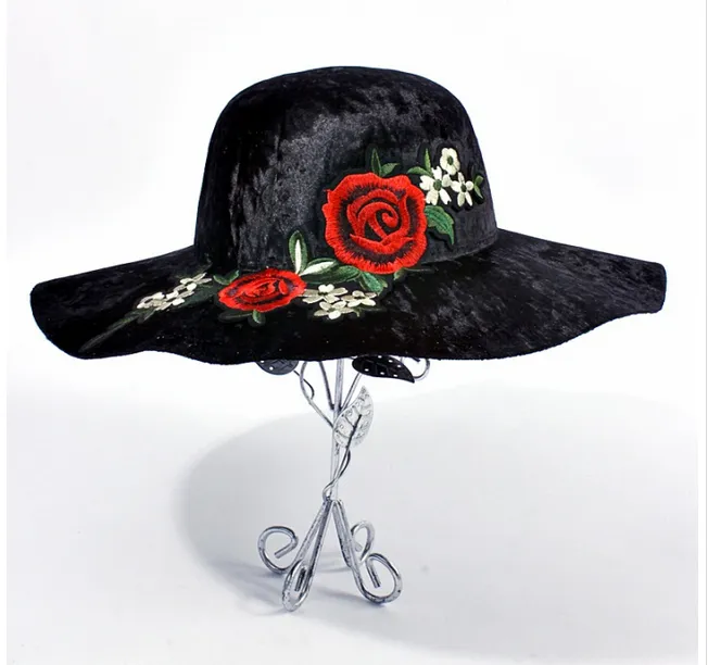 Rose Appliqued Wide Brimmed Hats