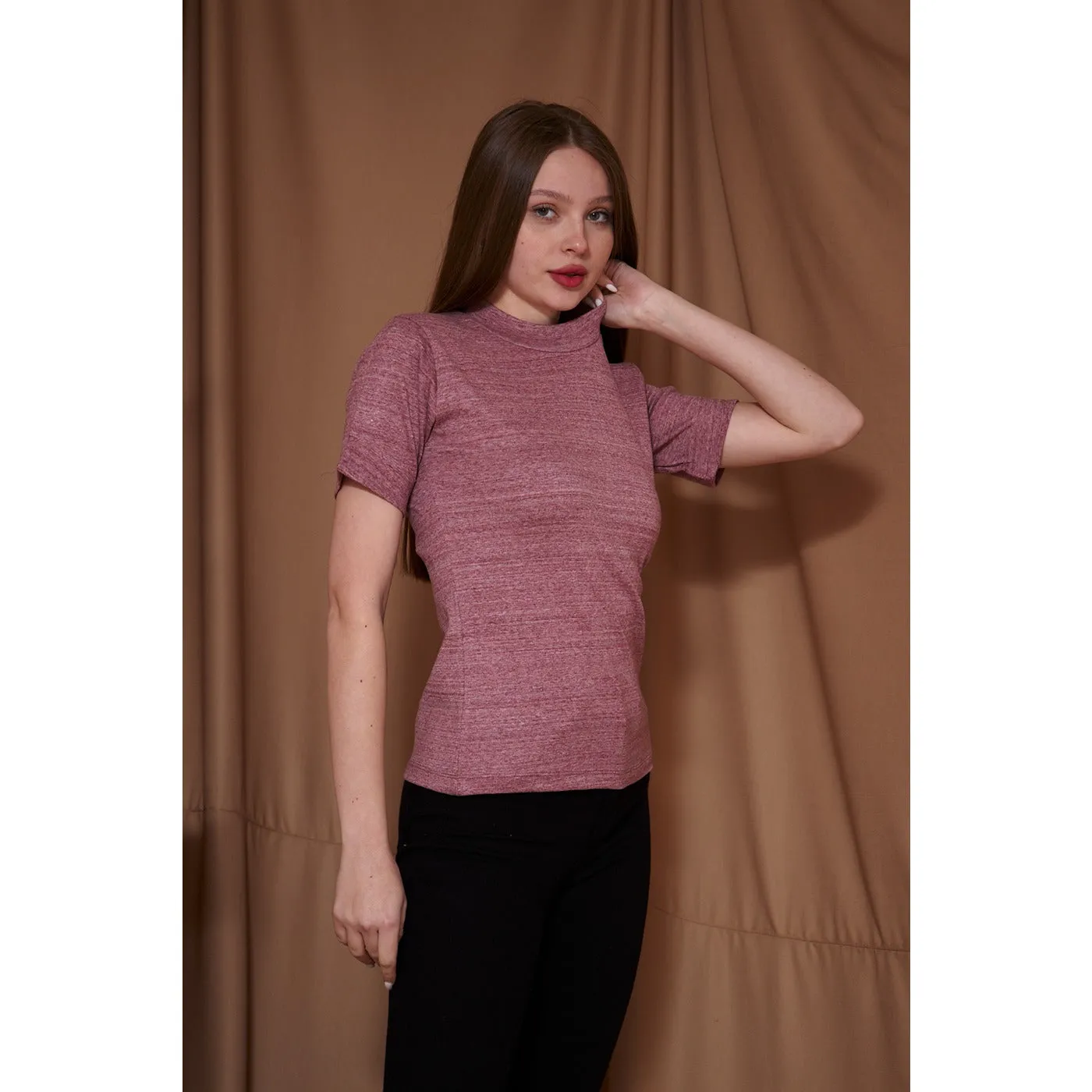 Rose Melange Mock Neck Half Sleeves