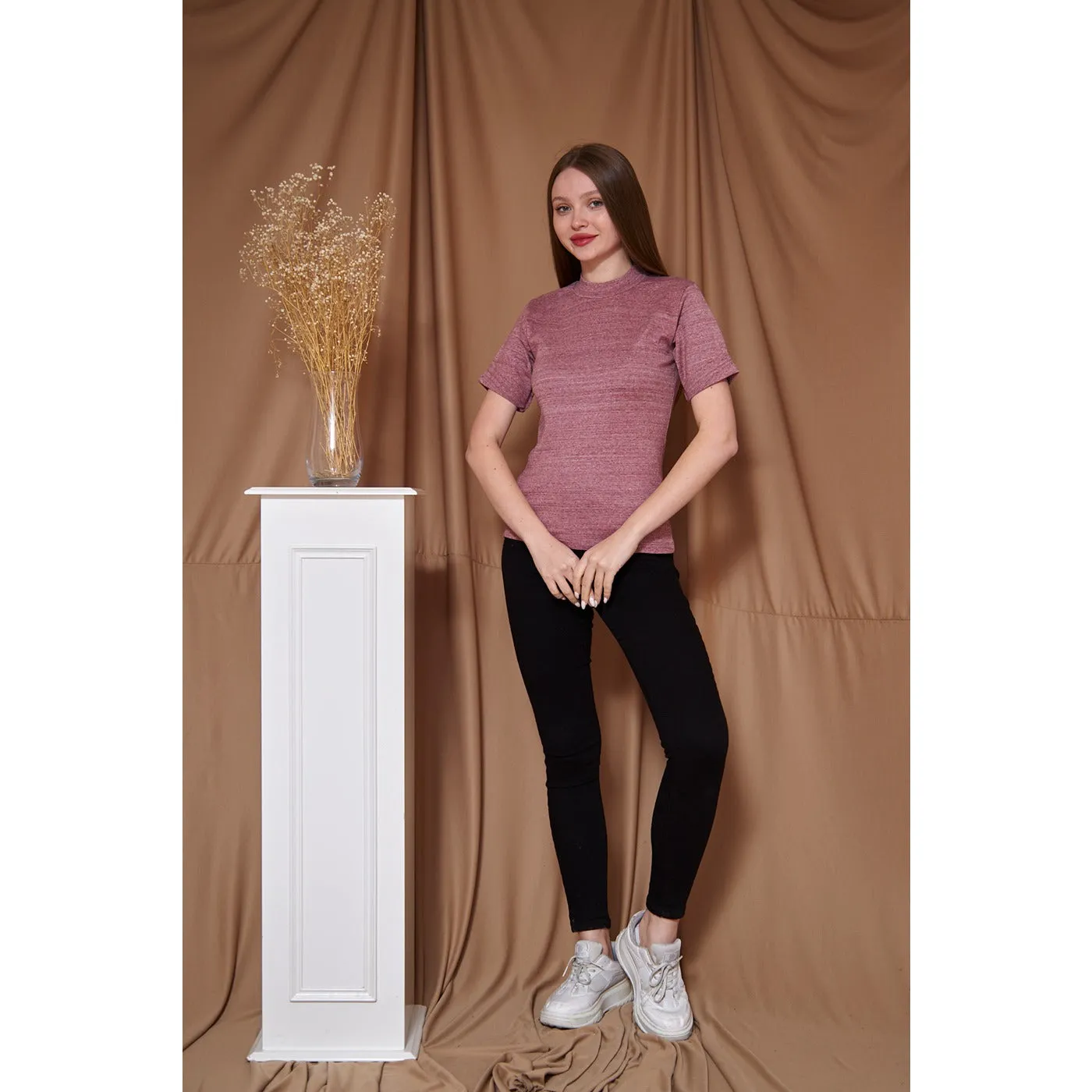 Rose Melange Mock Neck Half Sleeves