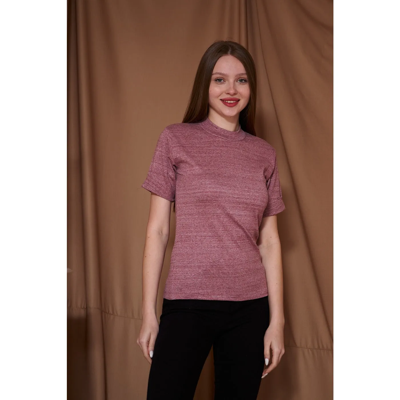 Rose Melange Mock Neck Half Sleeves