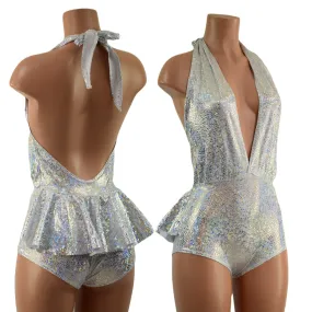 Ruffle Rump Josie Romper in Silver on White Shattered Glass