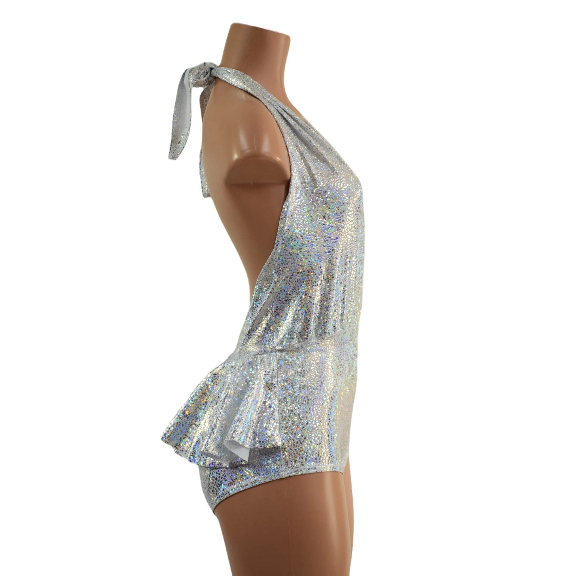 Ruffle Rump Josie Romper in Silver on White Shattered Glass