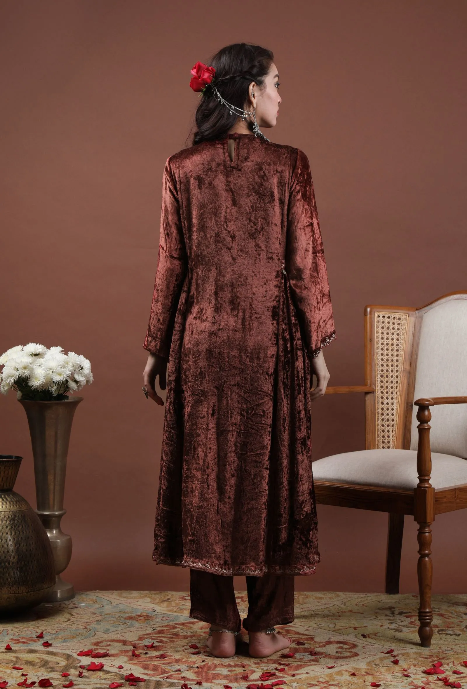 Saima Rust Velvet Phiran With Tilla Embroidery