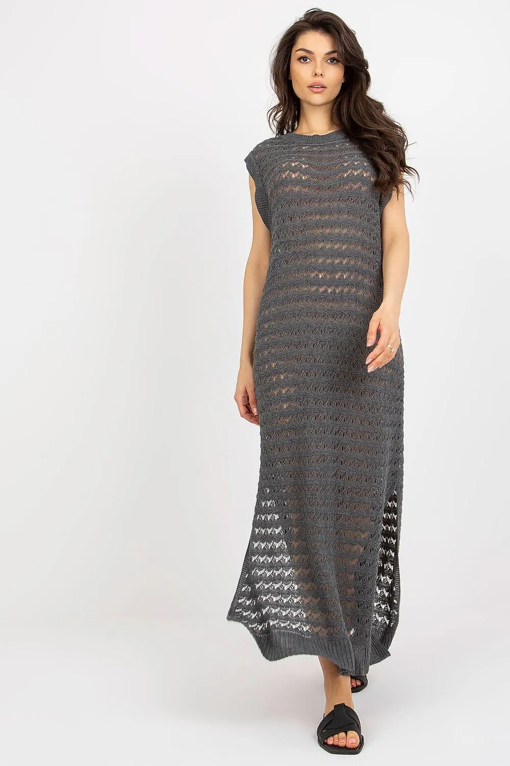 Sea Mist Elegance - Long Knit Sleeveless Dress with Stylish Side Slits